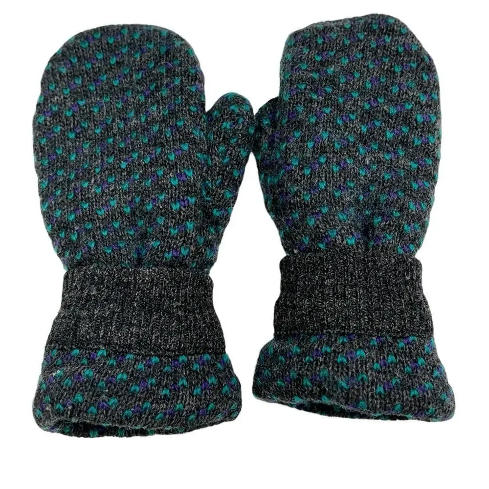 Fleece lined wool mittens, gray/ aquamarine blue combination winter mittens M/L